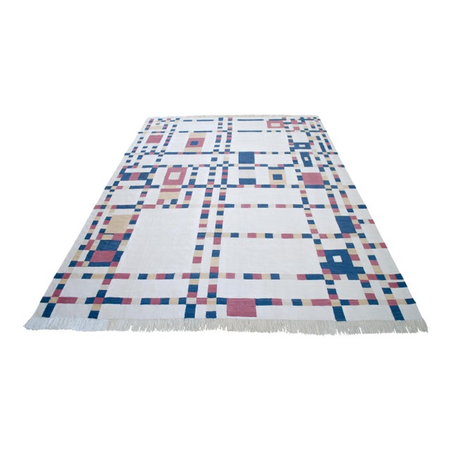 Piet Mondrian - Broadway Boogie Woogie Inspired Silk Hand Woven Area Kilim Wall Rug 6′5″ × 9′2″ For Sale