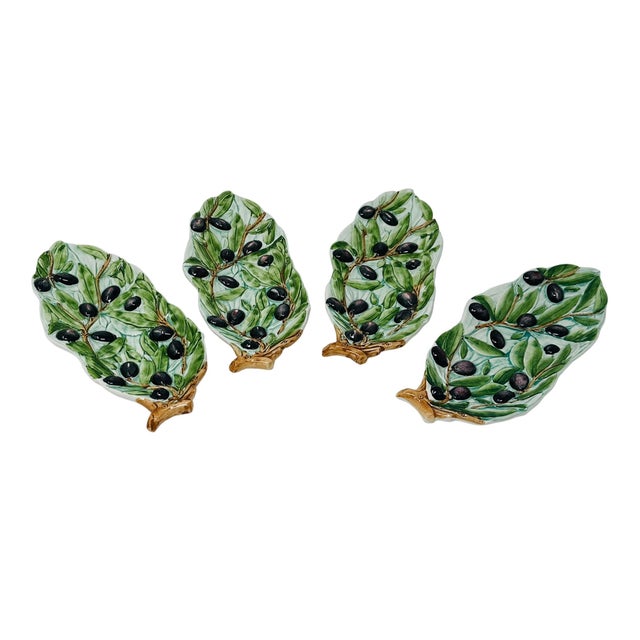 Vintage 1970s Italian Majolica Olive Leaf Relish Trays - Set of 4 For Sale - Image 4 of 12
