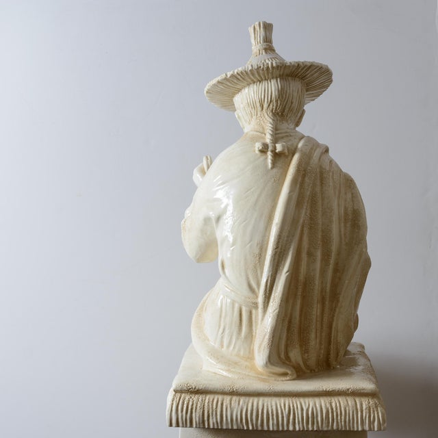 Italian Glazed Terracotta Chinoiserie Monumental Figures on Pedestals For Sale - Image 9 of 16