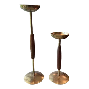 Vintage Danish Wood & Brass Candle Holders - Set of 2