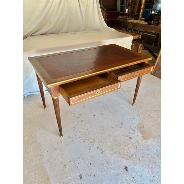 Wood Early 20th Century French Louis XVI Style Walnut and Brass Leather Top Desk For Sale - Image 7 of 12