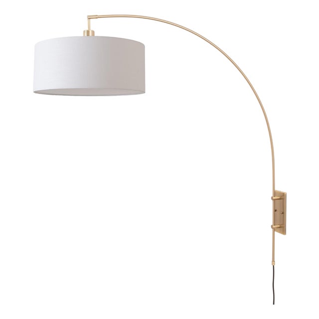 Span Wall Mounted Arc Lamp - Weathered Brass Steel, White Fabric Drum Shade, Modern Elegance For Sale