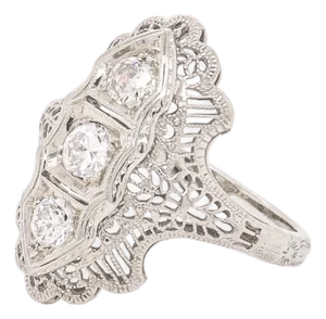 Antique Art Deco 14k White Gold & Three-Stone Diamond Filigree Ring