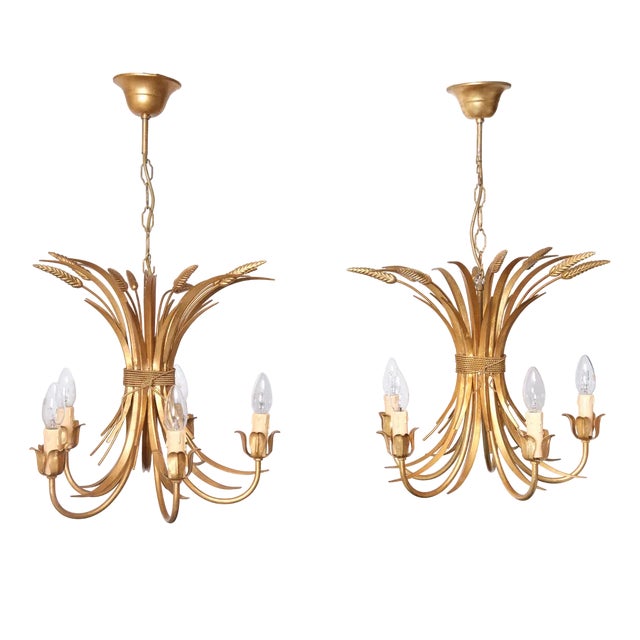 Gilded Brass Wheat Sheaf Chandeliers, Italy, 1970s, Set of 2 For Sale