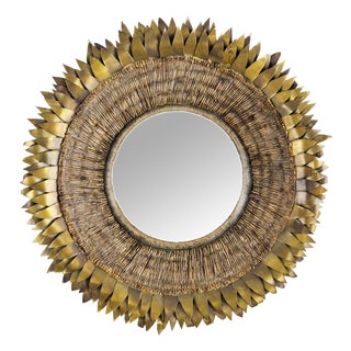 French Gilded Brass and Talosel Convex Round Wall Mirror attributed to the Atelier Line Vautrin For Sale
