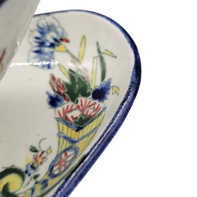 19th Century Faience De Gien French Hand Painted Earthenware Sauce Boat With Attached Underplate and Additional Oval Plate For Sale - Image 9 of 12