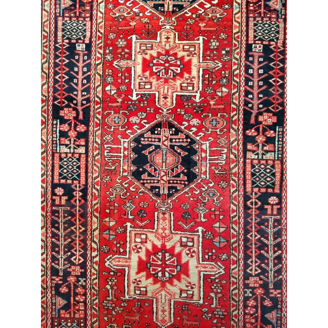 Antique Persian Heriz Karajeh Runner, Hand-Knotted Wool, Geometric Medallion Pattern, Red & Navy, 4x14 For Sale - Image 12 of 18