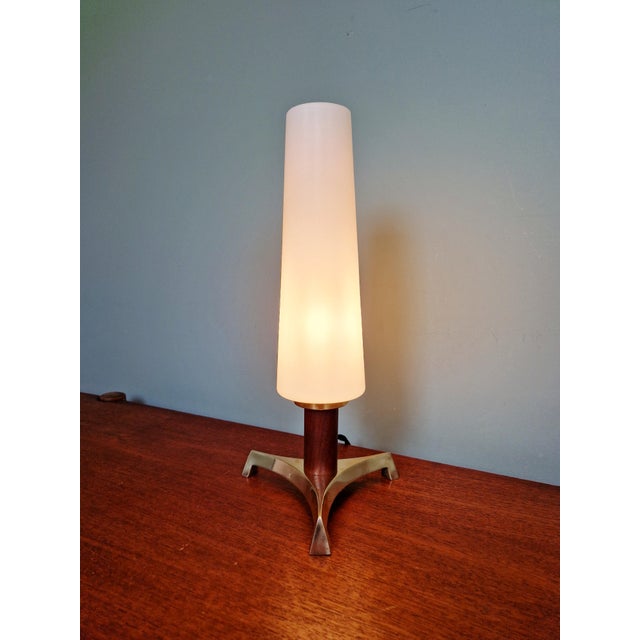 Scandinavian Tripod Table Lamp in Brass, Teak and White Satin Opaline Glass, 1960 For Sale - Image 13 of 15