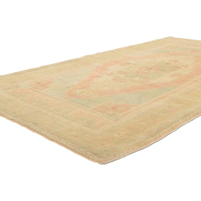 53701 Vintage Turkish Oushak Rug, 04'02 x 07'02. Gaze upon this hand knotted wool vintage Turkish Oushak rug, imbued with...