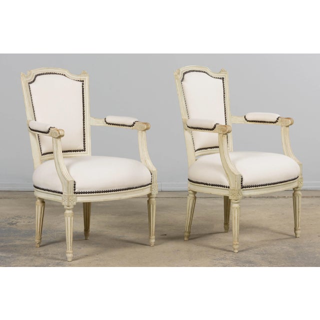 Antique French Louis XVI Painted Armchairs in Off-White Wool - A Pair For Sale - Image 14 of 18