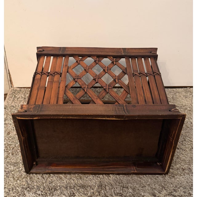 Wood Vintage Bamboo & Rattan Lattice Magazine Holder With Cutout Handles For Sale - Image 7 of 7