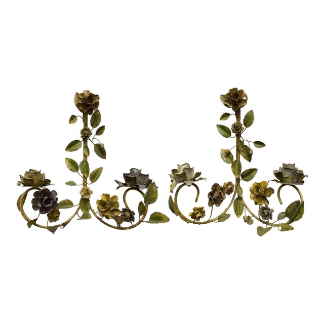 Pair of Antique Venetian Polychrome Painted Tole Candle Sconces For Sale