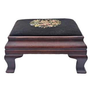 Antique 1930s Solid Mahogany Footstool W/ Floral Needlepoint Colonial Revival For Sale