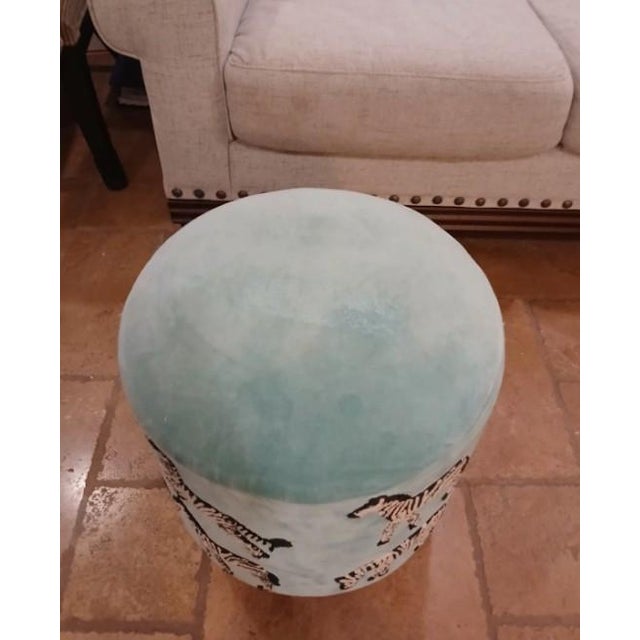Art Deco Ottoman Velvet Aqua Blue Zebras Embroidered Wood Feet Adult Child Tribal Jungle For Sale - Image 10 of 14