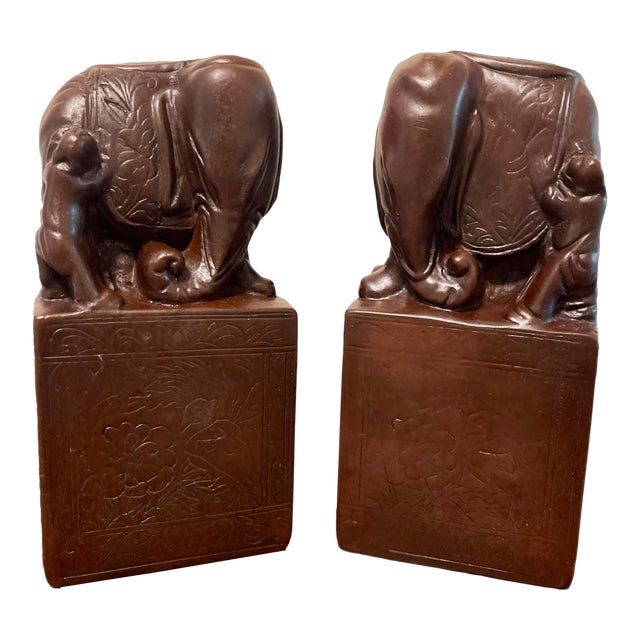Chinoiserie Asian Elephant Incised Soapstone Bookends, a Pair For Sale