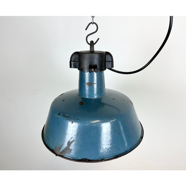 Paint Industrial Blue Enamel Factory Lamp with Cast Iron Top, 1960s For Sale - Image 7 of 16