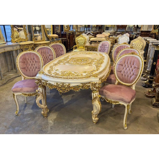 Rococo French Rococo Style Pink and White Dining Table and Chairs - Set of 9 For Sale - Image 3 of 5