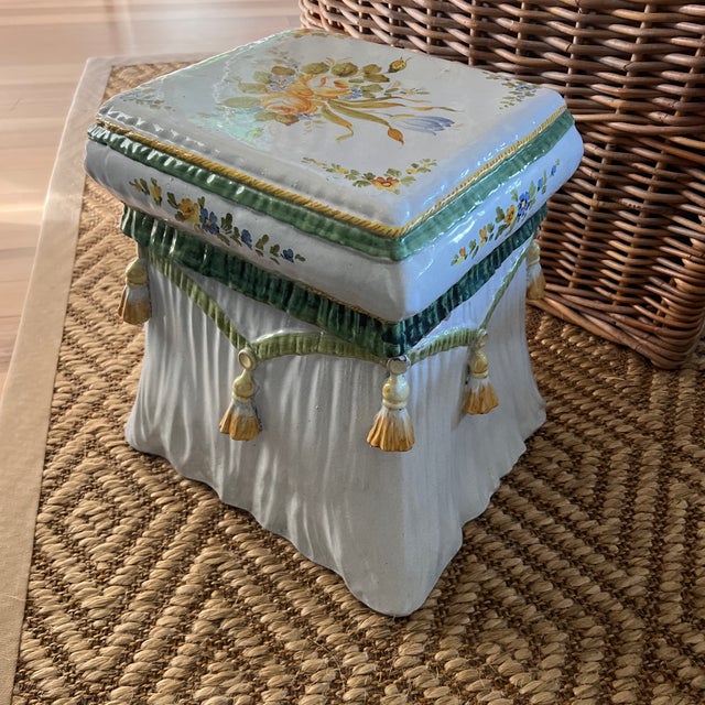 VIETRI 1970s Handpainted Italian Terracotta Side Table Garden Stool Featuring Tassels and Flowers For Sale - Image 4 of 12