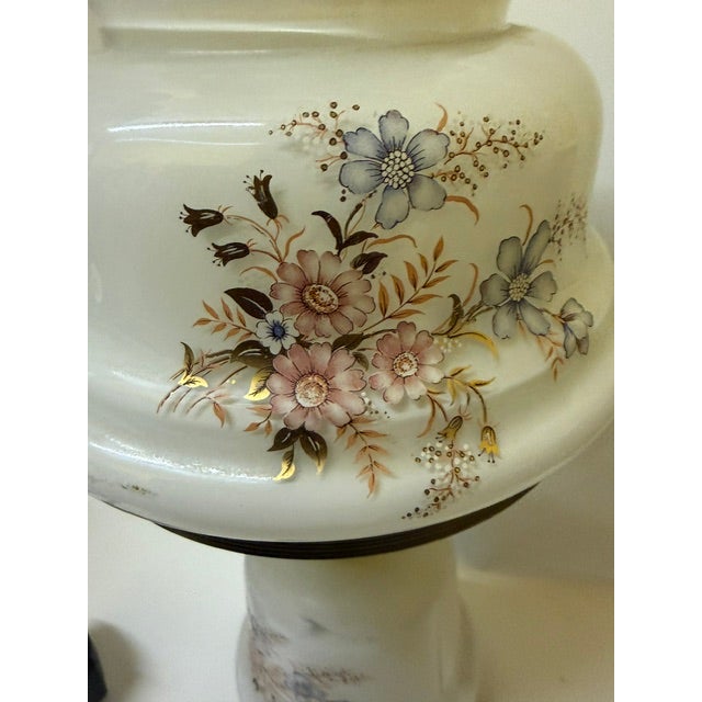 Glass Vintage Victorian "Gone With the Wind" Floral Milk Glass Hurricane Parlor Lamp For Sale - Image 7 of 16