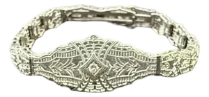 14k White Gold Filigree and Diamond Bracelet, Art Deco