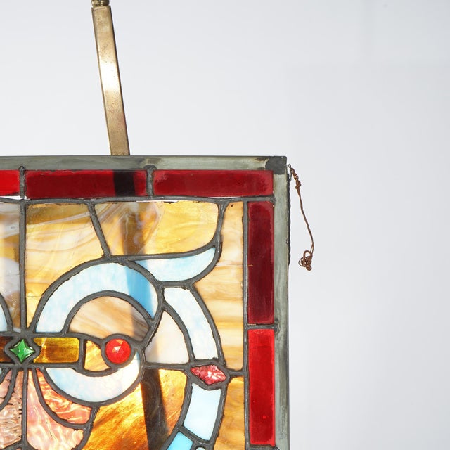 Arts & Crafts Leaded Slag & Jeweled Stained Glass Window with Stylized Owl, Circa 1920 For Sale - Image 6 of 12