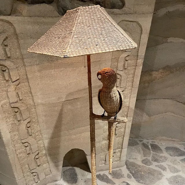 Mid-Century Modern 1970s Tropical Wicker Parrot Floor Lamp Attributed Mario Lopez Torres Mexico For Sale - Image 3 of 15