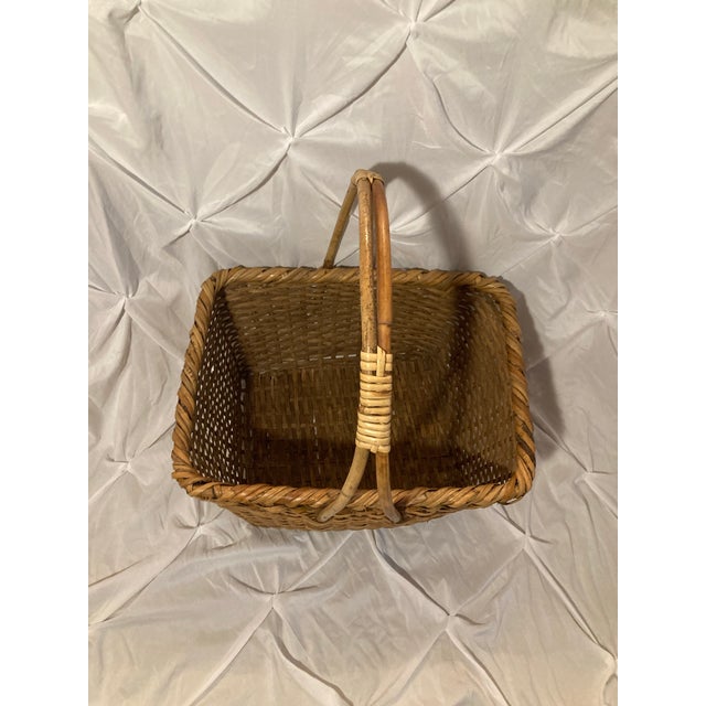 Vintage American Made Basket. Handwoven Large Natural Market Basket With a Classic Rectangular Shape and Arched Handles. Rustic and Elegant For Sale - Image 10 of 11