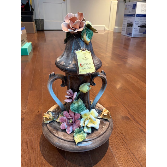 Rose Vintage Capodimonte Italian Porcelain Lidded Urn Vase With Hand-Applied Roses - Made in Italy For Sale - Image 8 of 9