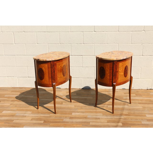 Pair Antique French Louis XV Style Marble Top Inlaid Wood Nightstands, Circa 1940s For Sale - Image 13 of 18