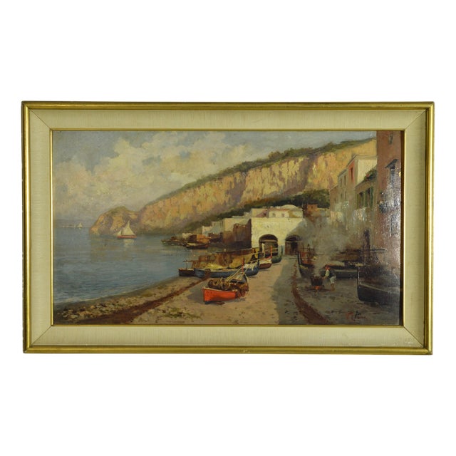 Vincenzo Canino, Seascape and Coastal Village, Naples, 1925, Oil on Canvas For Sale