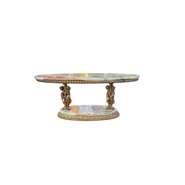 Very Elegant Mid Century French brass coffee table with onyx marble top and schelf, with 3 Greek Nymph on each side....