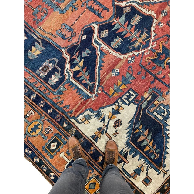 Antique Persian Serapi Diamond Textile in Terracotta, Sunset-clay & Indigo - 9.8 X 16 For Sale - Image 4 of 12