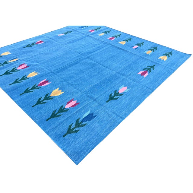 Not Yet Made - Made To Order Handmade Cotton Rug, Natural Vegetable Dyed Sky Blue Leaf Pattern Rug Dhurrie - 8'x8' For Sale - Image 5 of 11