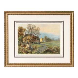 Vintage 1950s Cottage Garden Landscape Print in Chippy Gold Wood Frame For Sale