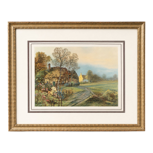 Vintage 1950s Cottage Garden Landscape Print in Chippy Gold Wood Frame
