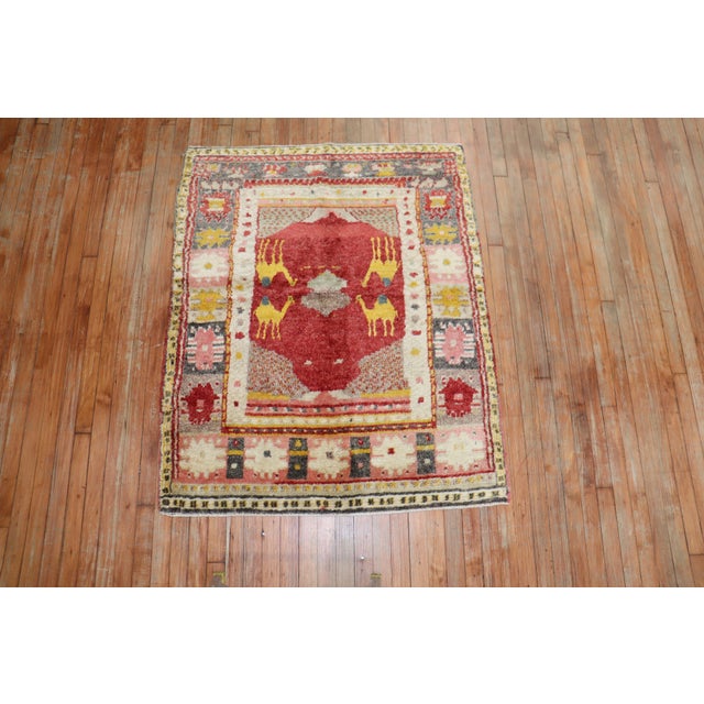 Gold Early 20th Century Zabihi Collection Turkish Anatolian Animal Small Square Rug - 3'9" x 4'7" For Sale - Image 8 of 8