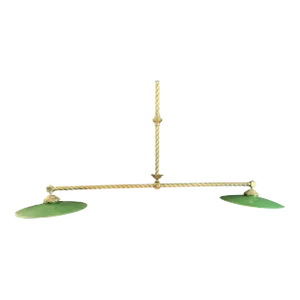 French Vintage Brass Double Pendant Ceiling Light Fixture With Green Enamel Shades
