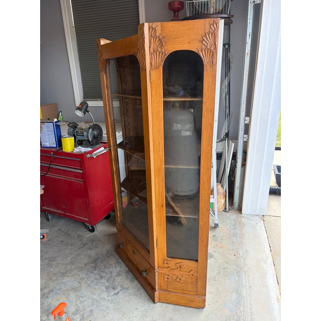 Antique Circa 1900 Golden Oak and Glass Corner China Cabinet For Sale - Image 4 of 11