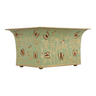 Flared Chinoiserie Square Planter, Celadon/Gold For Sale