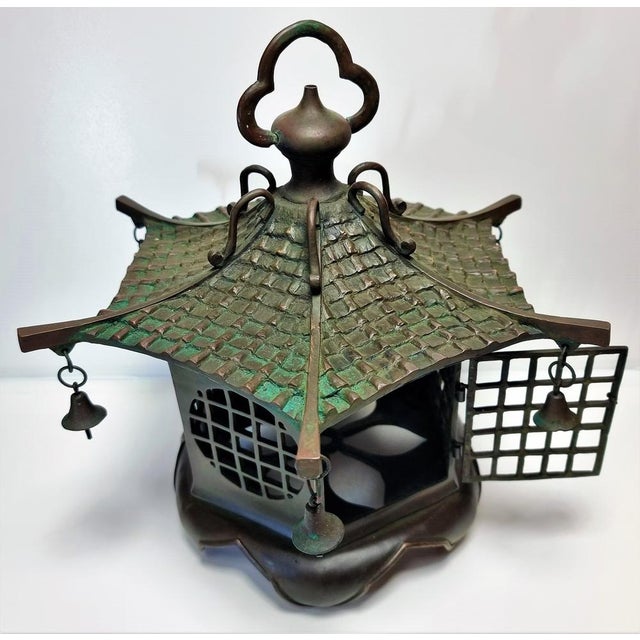Large Chinese Bronze Lantern Ceiling Lamp, 1930s For Sale - Image 3 of 17