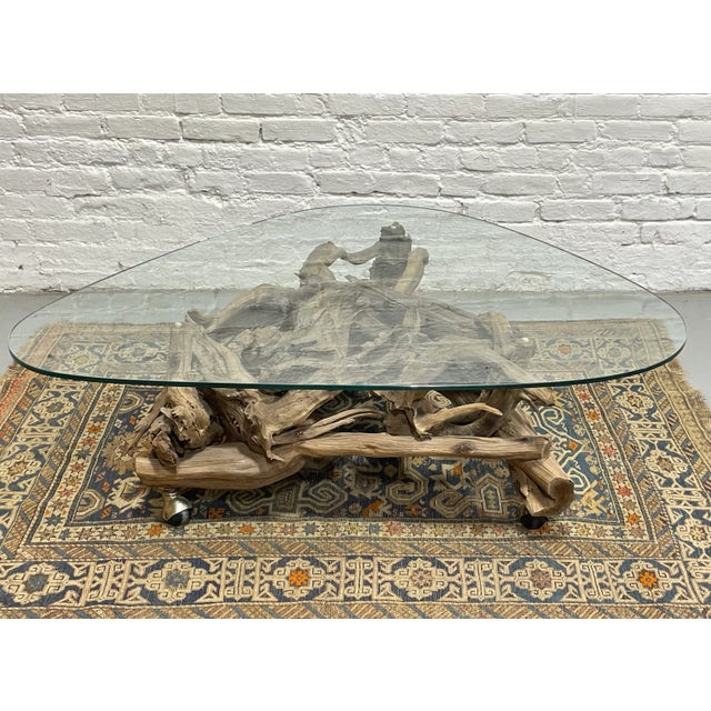Wood Mid Century Modern Driftwood + Glass Coffee Table | Organic Modern Cocktail Table Castors For Sale - Image 7 of 14