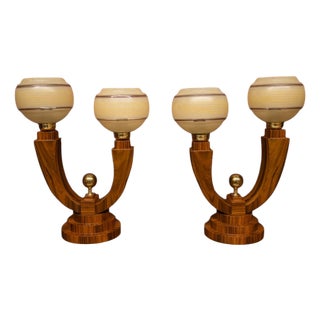 Mid-Century Wood, Metal, and Glass Table Lamps, 1950s, Set of 2 For Sale