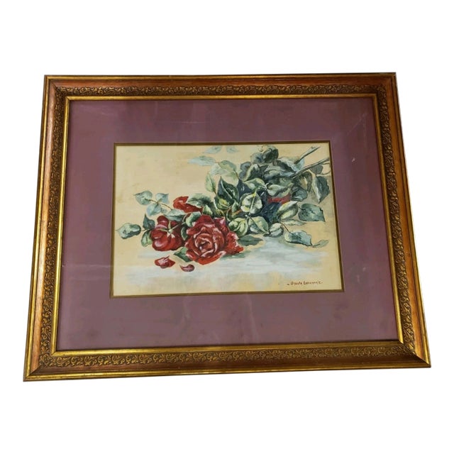 Circa 1920-35 Ursula Lauderdale (1872-1968) Red Roses Oil Painting on Board, Wood Frame For Sale