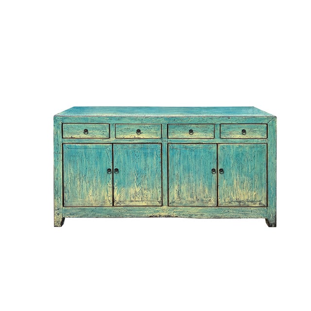 Chinese Oriental Distressed Turquoise Blue Sideboard Buffet Table Cabinet For Sale - Image 4 of 7
