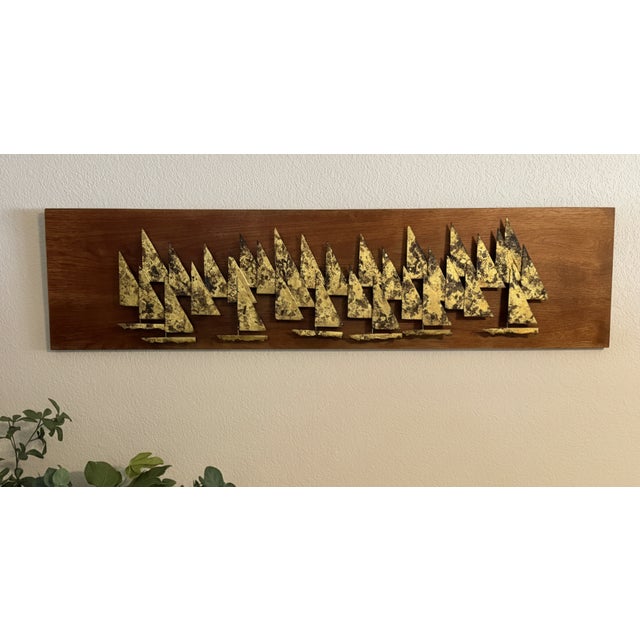 Wood 1960s Peter Pepper Brass Sailboats Wall Sculpture on Walnut Panel | Mid-Century Modern California Brutalist Art For Sale - Image 7 of 9