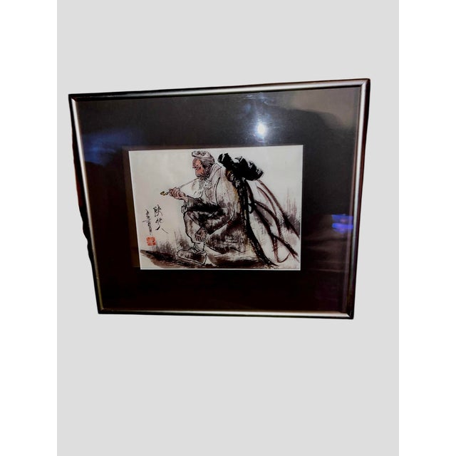 Vintage Chinese Ink Figure Painting of Elderly Man With Pipe, Signed & Sealed, Framed For Sale In Dallas - Image 6 of 12