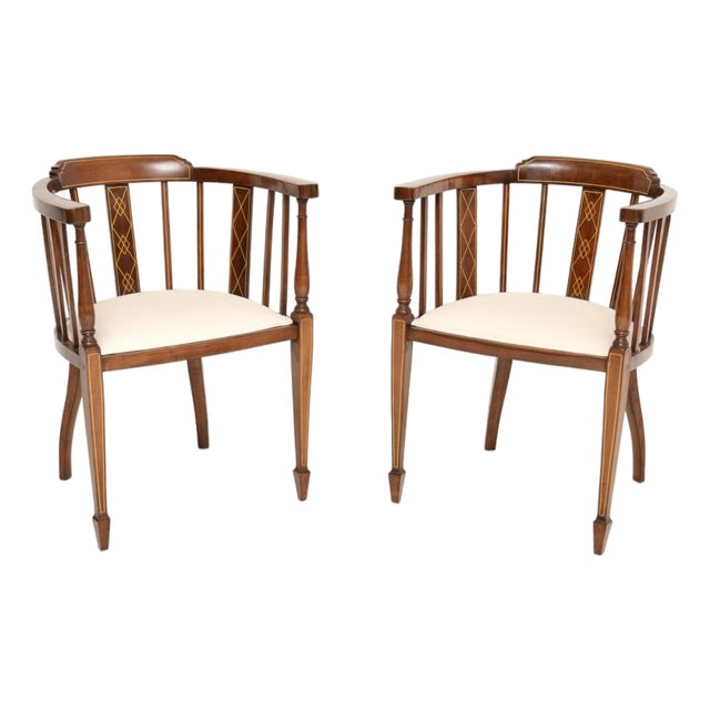 Antique Edwardian Inlaid Walnut Armchairs, 1900, Set of 2 For Sale
