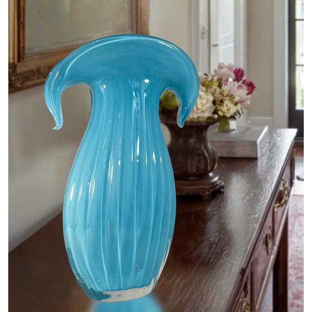 Art Glass Aqua Blue Vase Crescent Clam Lip Fluted Vase For Sale - Image 12 of 17