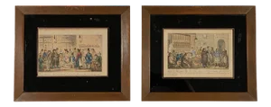 Early 19th Century Cruikshank Figurative Colored Etchings, Framed - a Pair