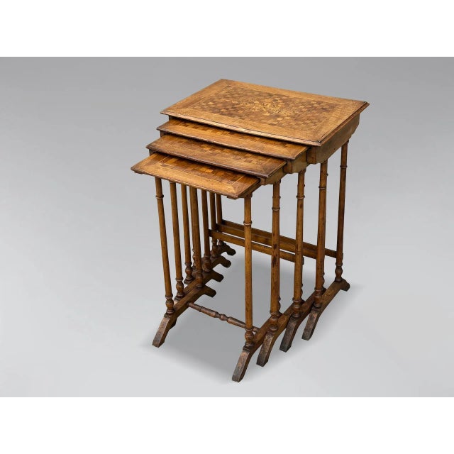 French Walnut Parquetry & Floral Inlay Nesting Tables, 1910, Set of 4 For Sale - Image 10 of 10